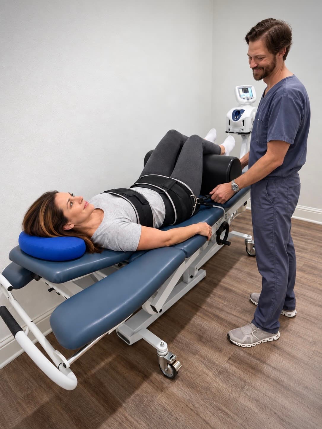 Dr. Shawn Johnston beside a patient positioned on a spinal decompression table at Relief Plus