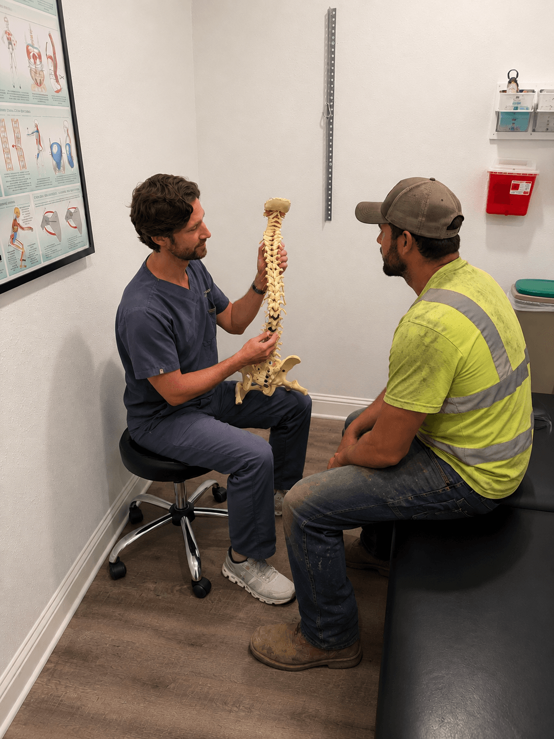 Shawn D. Johnston, D.C., using a spine model to explain a work-related injury